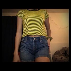 black and yellow striped, shortsleeved shirt